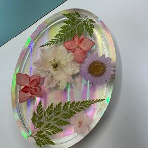 Handmade Holographic Iridescent Dish with Real Pressed Flowers,Holder, Soap dish